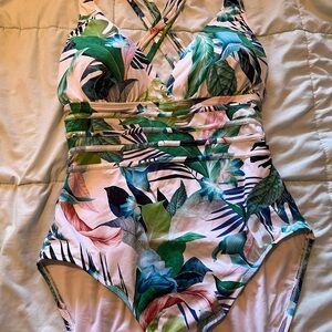 La Blanca Green and Pink One Piece Swimwear with Plunging V-neckline